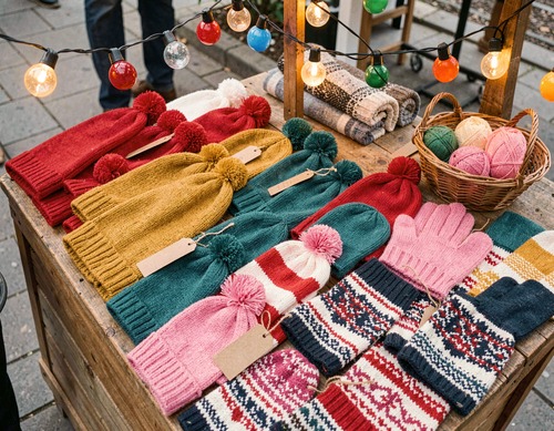 Colorful Knit Hats and Mittens on Market Table