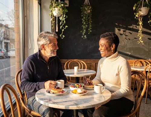 Couple Sharing Brunch in Sunny Corner Café