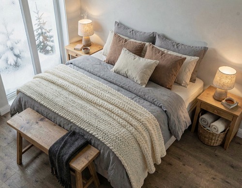 Cozy Winter Bedroom With Knit Blanket and Hot Tea