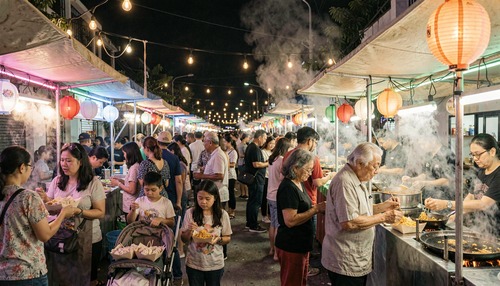 Crowd Sharing Street Food at Neon Night Market
