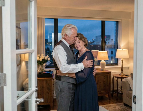 Elderly Couple Slow Dancing by Dusk Window