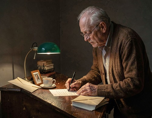 Elderly Man Writing Letter by Desk Lamp