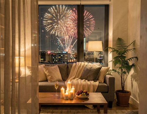 Fireworks Seen From Candlelit Living Room Window