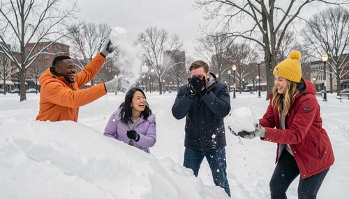 Friends Having Snowball Fight in City Park