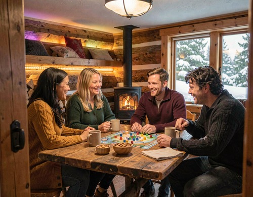 Friends Playing Board Game in Warm Winter Cabin