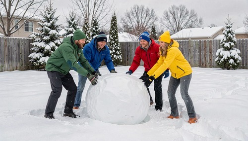 Group Building Snowman in Backyard