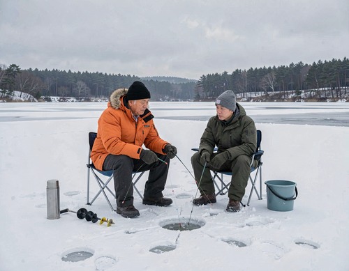 Korean Father and Son Ice Fishing on Lake