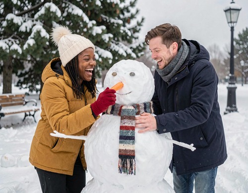 Laughing Young Couple Building Snowman in Snowy Park