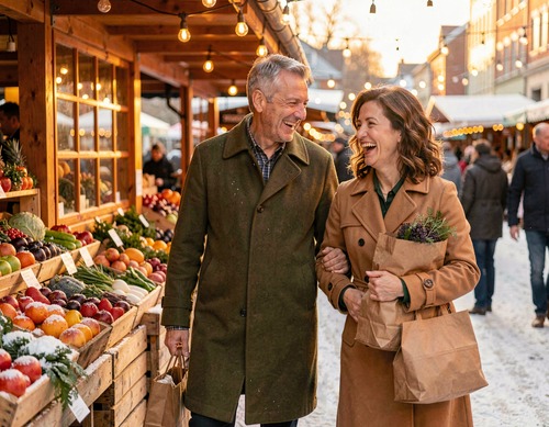 Man and Woman in Snowy Market