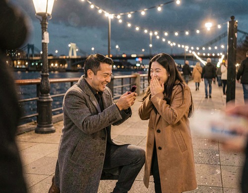 Man Proposing to Girlfriend on Lit River Walk