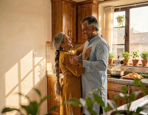 Middle-Aged Indian Couple Dancing in Sunny Kitchen
