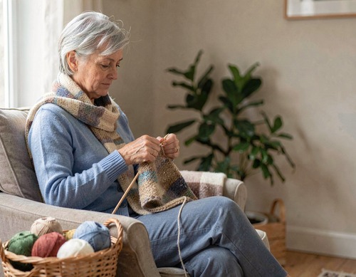 Middle Aged Woman Knitting Beside Window