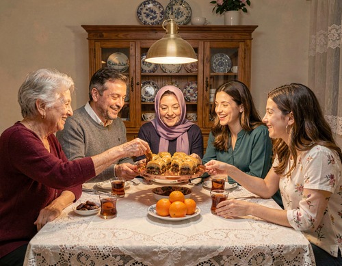 Middle Eastern Family Sharing Baklava at Dinner Table