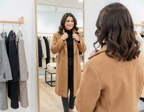 Middle Eastern Woman Trying On Camel Coat
