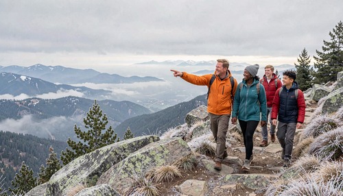 Multiracial Family Hiking to Misty Mountain Overlook