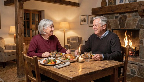 Older Couple Sharing Dinner Beside Stone Fireplace