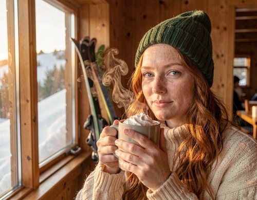 Red-Haired Woman with Hot Chocolate in Ski Lodge