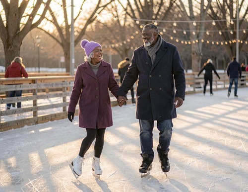 Senior Black Couple Holding Hands on Outdoor Ice Rink