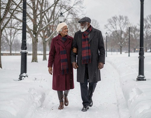 Senior Black Couple Strolling Snowy Park Path
