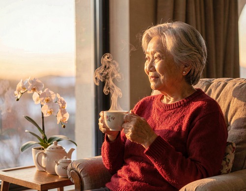 Senior Chinese Woman Sipping Tea at Sunrise Window