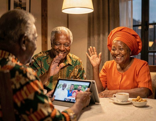 Senior Nigerian Couple Video Calling Grandchildren on Tablet
