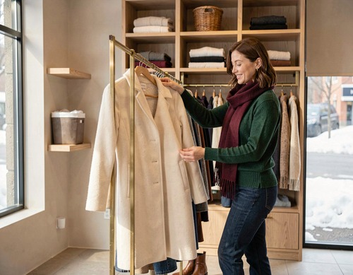 Smiling Woman Shopping for Winter Clothes in Boutique