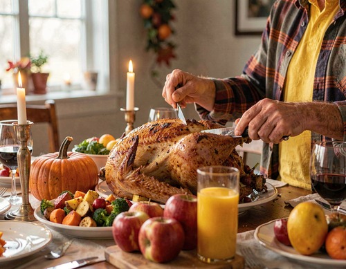 Thanksgiving Feast with Carved Turkey