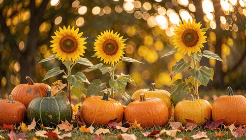Autumn Harvest Sunflowers and Pumpkins