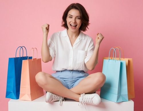 Celebrating Woman Sits Cross-Legged with Shopping Bags