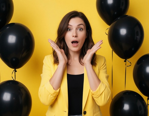 Surprised Woman in Yellow Blazer with Black Balloons