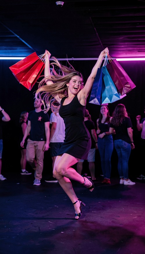Happy Woman Jumping with Shopping Bags in Neon Lights