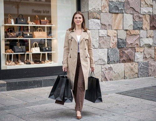 Woman Carrying Black Shopping Bags in Beige Trench Coat