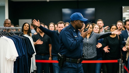 Security Guard Using Walkie-Talkie Surrounded by People