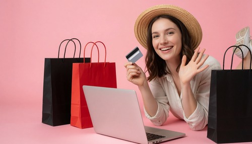 Smiling Woman with Shopping Bags and Credit Card on Pink Background