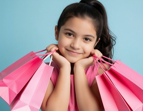 Happy Girl Holding Shopping Bags Against Blue Background