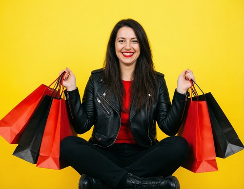 Sitting Woman Holding Shopping Bags on Yellow Background