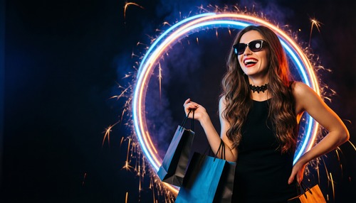 Laughing Woman in Sunglasses with Shopping Bags and Neon Ring