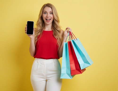 Excited Woman Holding Phone and Shopping Bags