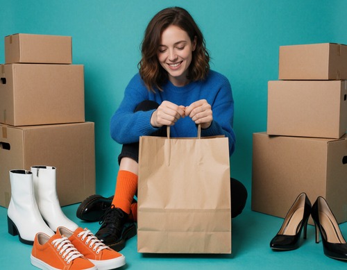 Smiling Woman with Shopping Bags and Boxes in Teal Background