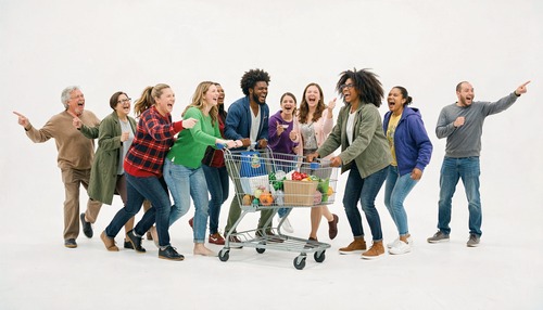Energetic Group Pushing Shopping Cart in White Studio