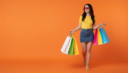 Happy Woman Holding Shopping Bags on Orange Background