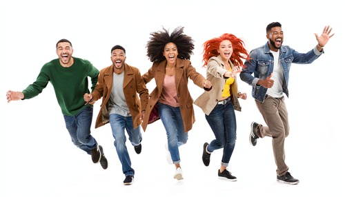 Six Diverse Friends Running with Red Hair on White Background