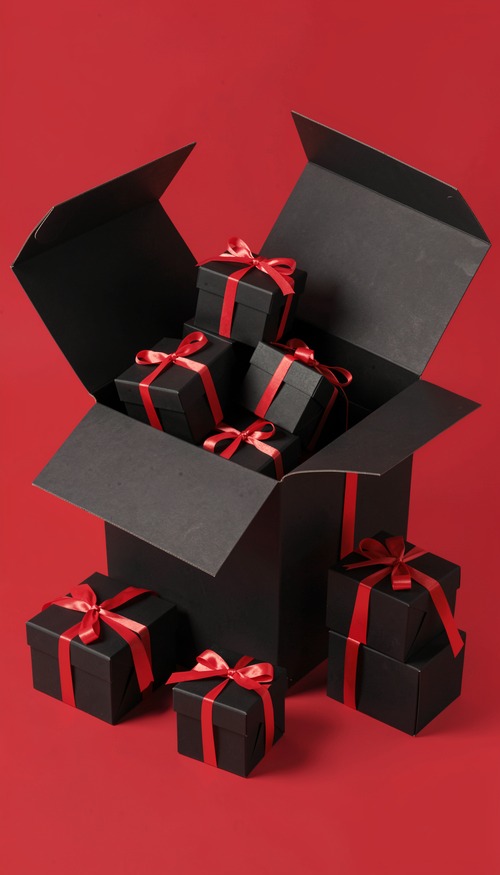 Black Gift Boxes with Red Ribbons on Red Background