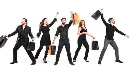 Energetic Shopping Group in Black Outfits on White Background