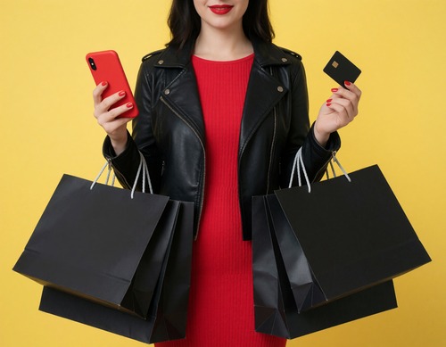 Woman Holding Phone and Shopping Bags Against Yellow Background