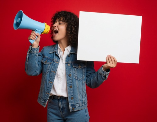 Young Woman Shouting with Megaphone on Red Background