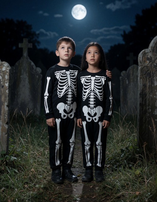 Boy and Girl Skeleton Costumes in Full Moon Graveyard