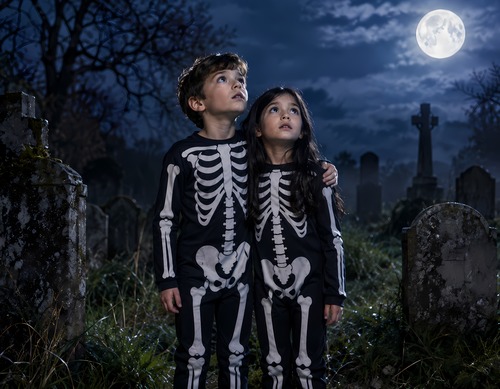Two Kids in Skeleton Costumes Staring at Full Moon in Graveyard