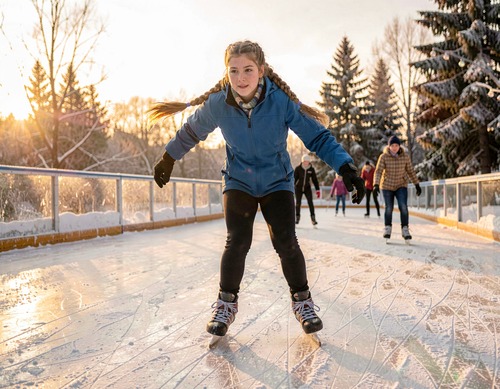Teenager Ice Skating at Outdoor Rink