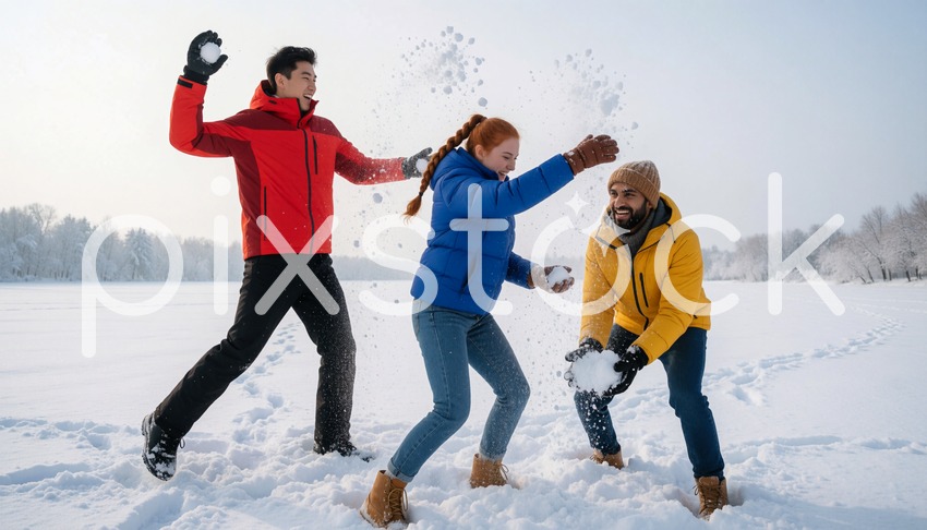 Three Friends in Bright Jackets Having Snowball Fight